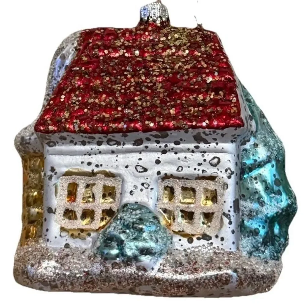 Vintage House Christmas Ornament Glass Glittered 4